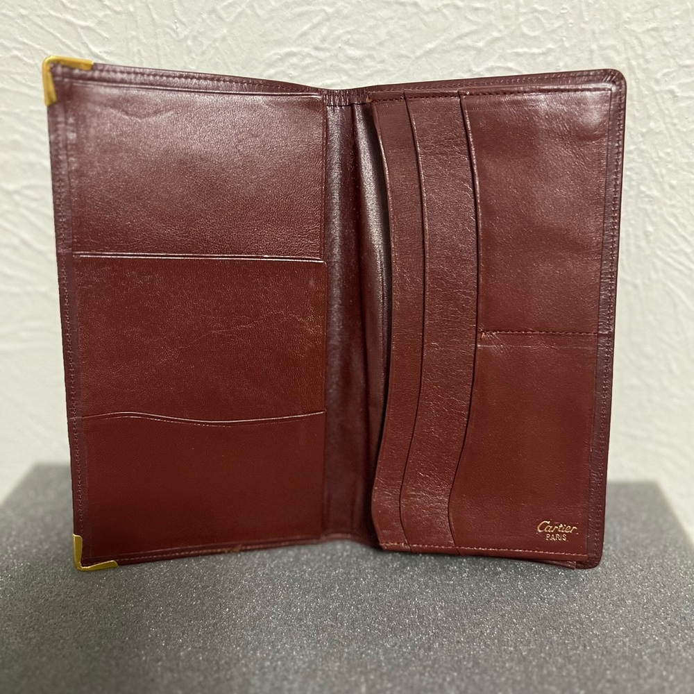 PREOWNED AUTH CARTIER BI-FOLD LONG LEATHER WALLET UNISEX BORDEAUX RED - Picture 7 of 11